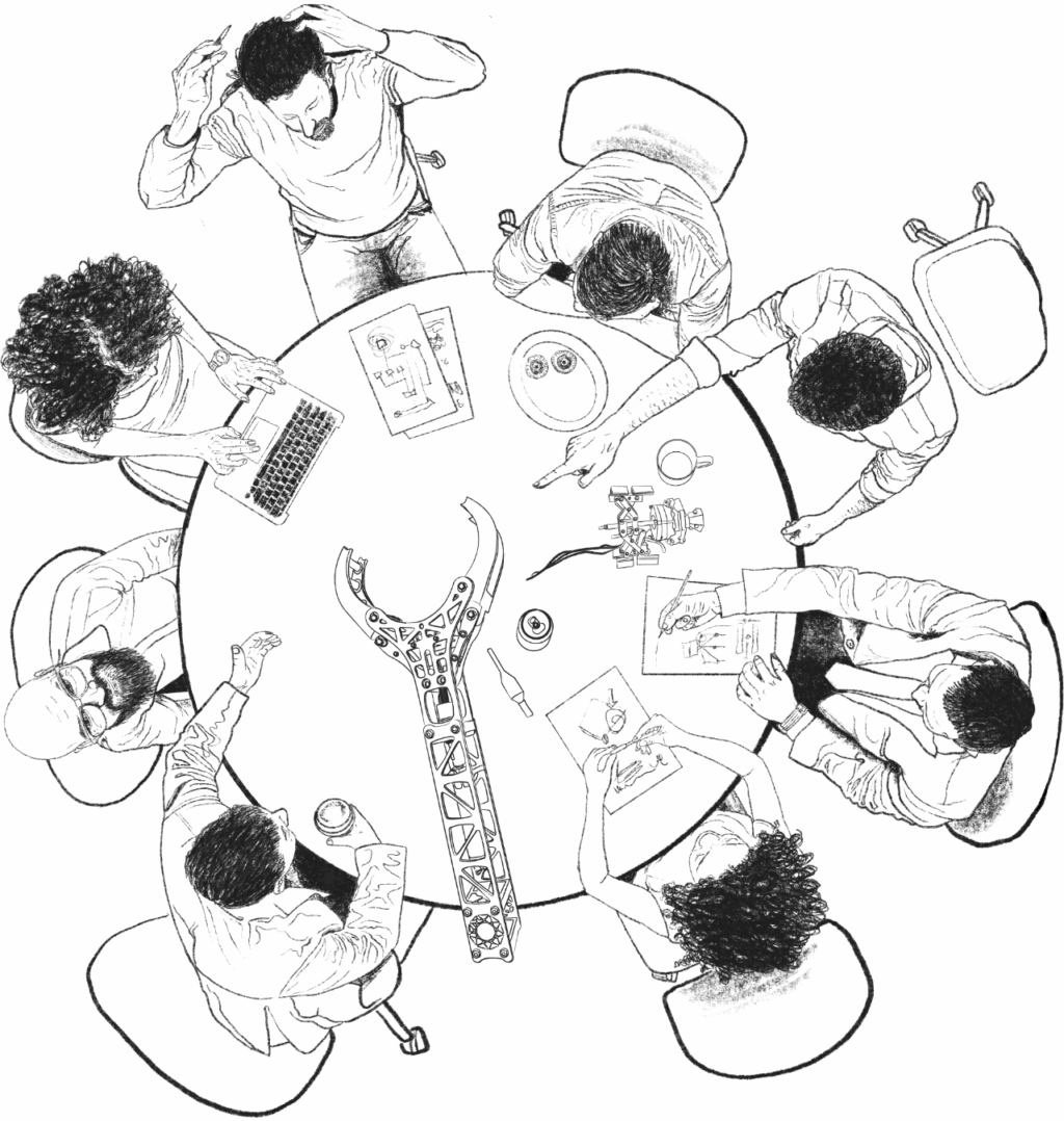 Overhead artistic drawing of a Steer team meeting